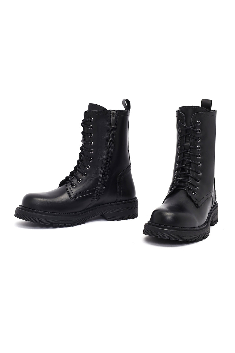 Women's Black Zipper Leather Combat Boots
