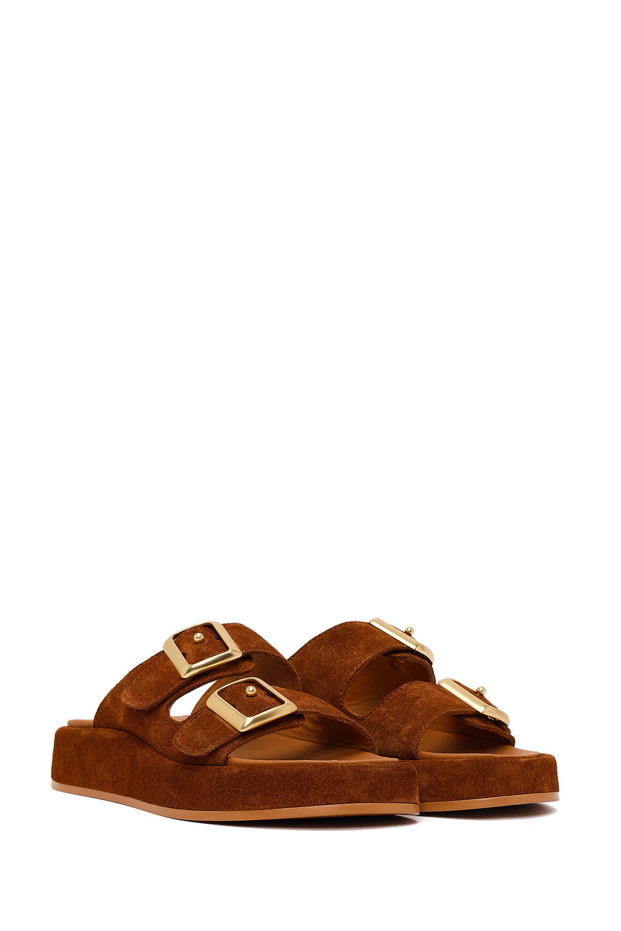 Woman Tan Double-Buckle Thick-Soled Suede Slipper