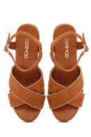 Women's Tan Ankle Strap Wedge Heel Suede Leather Espadrille Sandals | Derimod