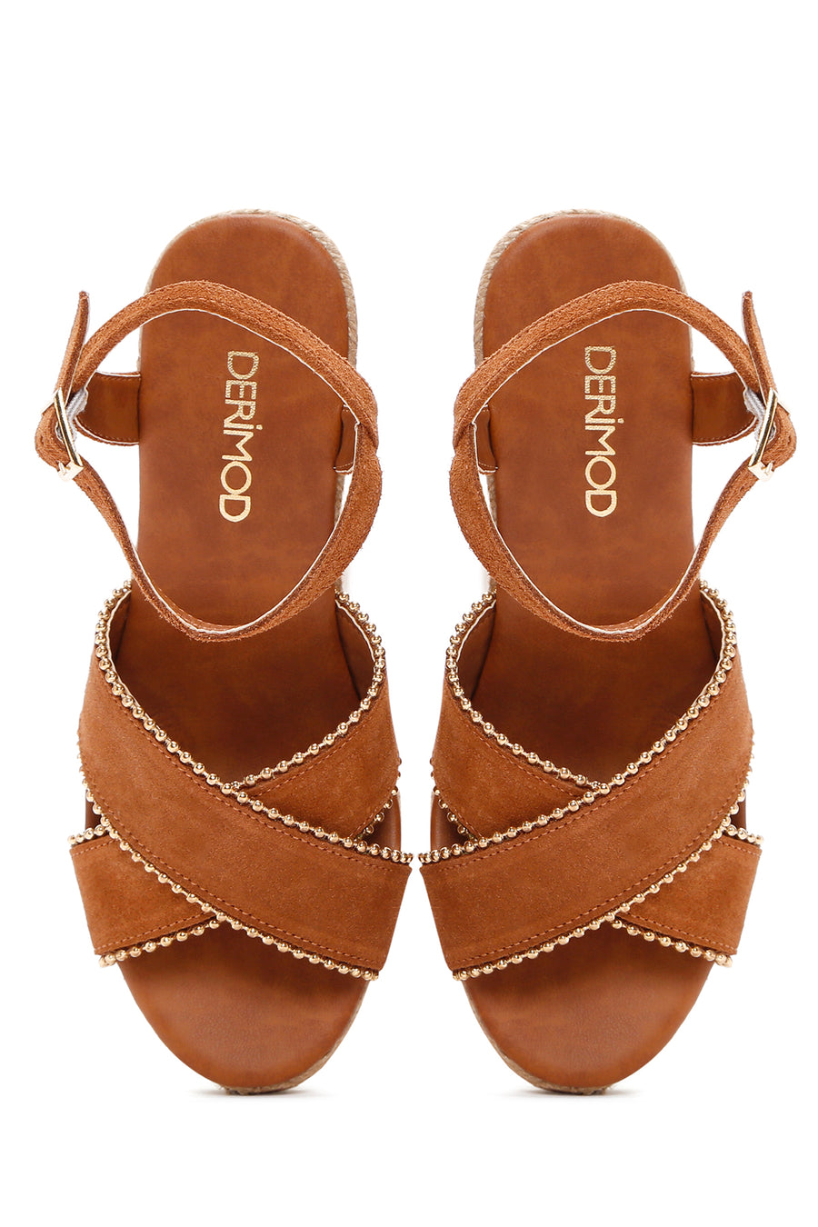 Women's Tan Ankle Strap Wedge Heel Suede Leather Espadrille Sandals