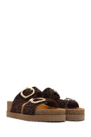 Women's Brown Double Buckle Leopard Print Chunky Sole Suede Leather Slippers | Derimod