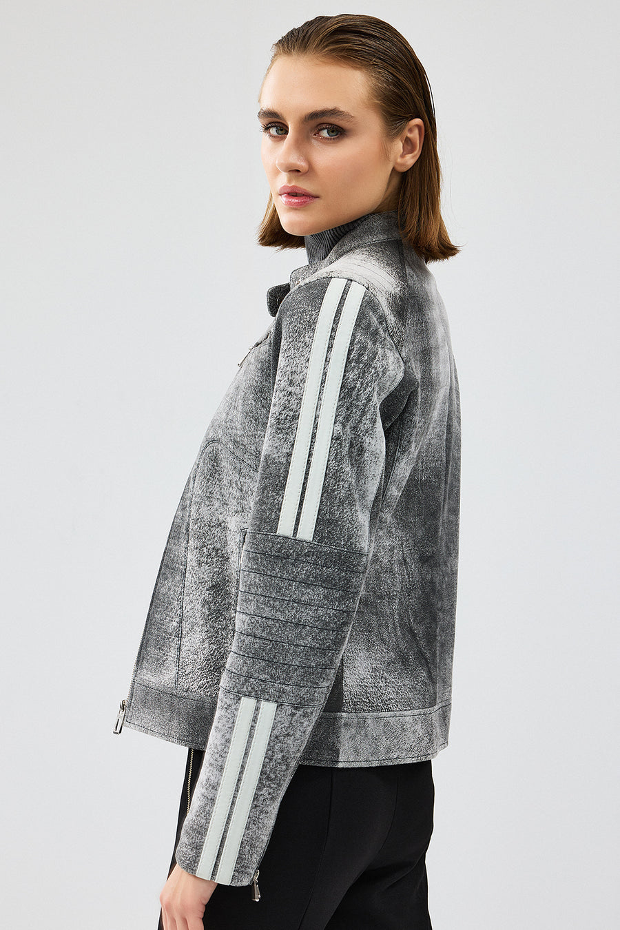Sporty Women's Gray Short Nubuck Leather Sports Jacket