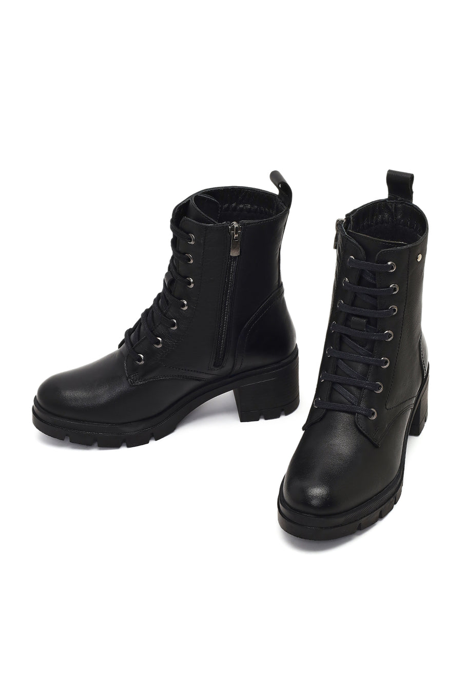 Woman Black Zip Closure Thick-Heeled Leather Boots