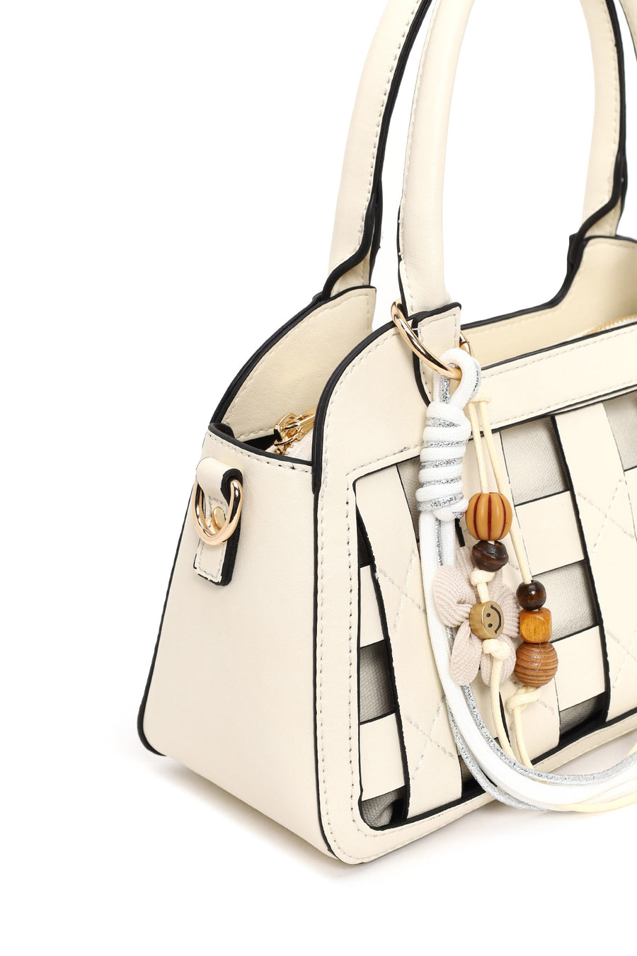 Woman Cream Long-Strap Knitted Mini Shoulder Bag