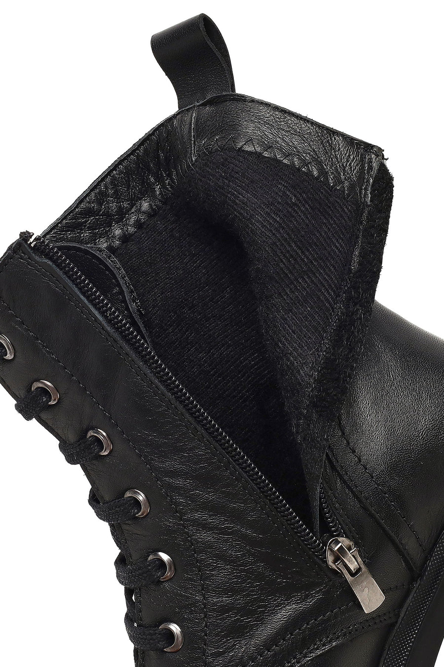 Woman Black Zip Closure Thick-Heeled Leather Boots