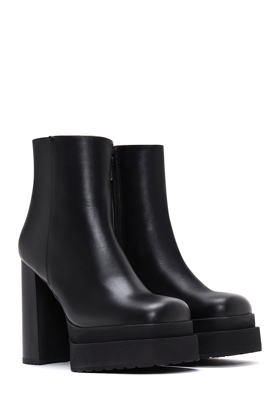 Women's Black Leather Zippered Platform Heeled Boots