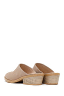 Woman Beige Mule Open Back Chunky Heeled Suede Slipper | Derimod