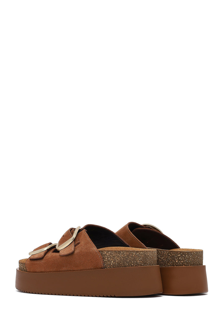 Women's Tan Double Buckle Thick Sole Suede Leather Slippers