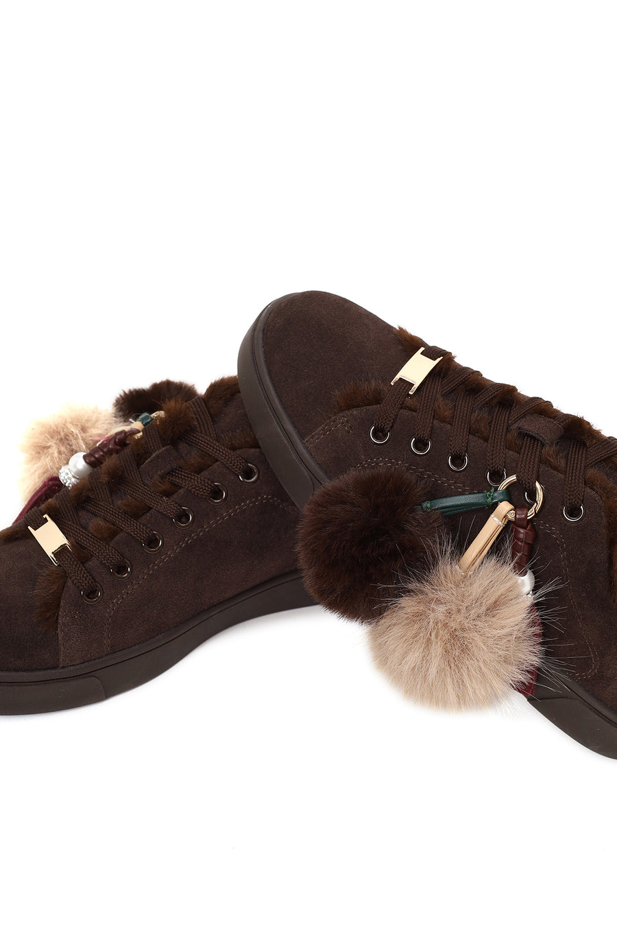 Kadın Kahverengi Bağcıklı Charmlı Süet Deri Teddy Sneaker