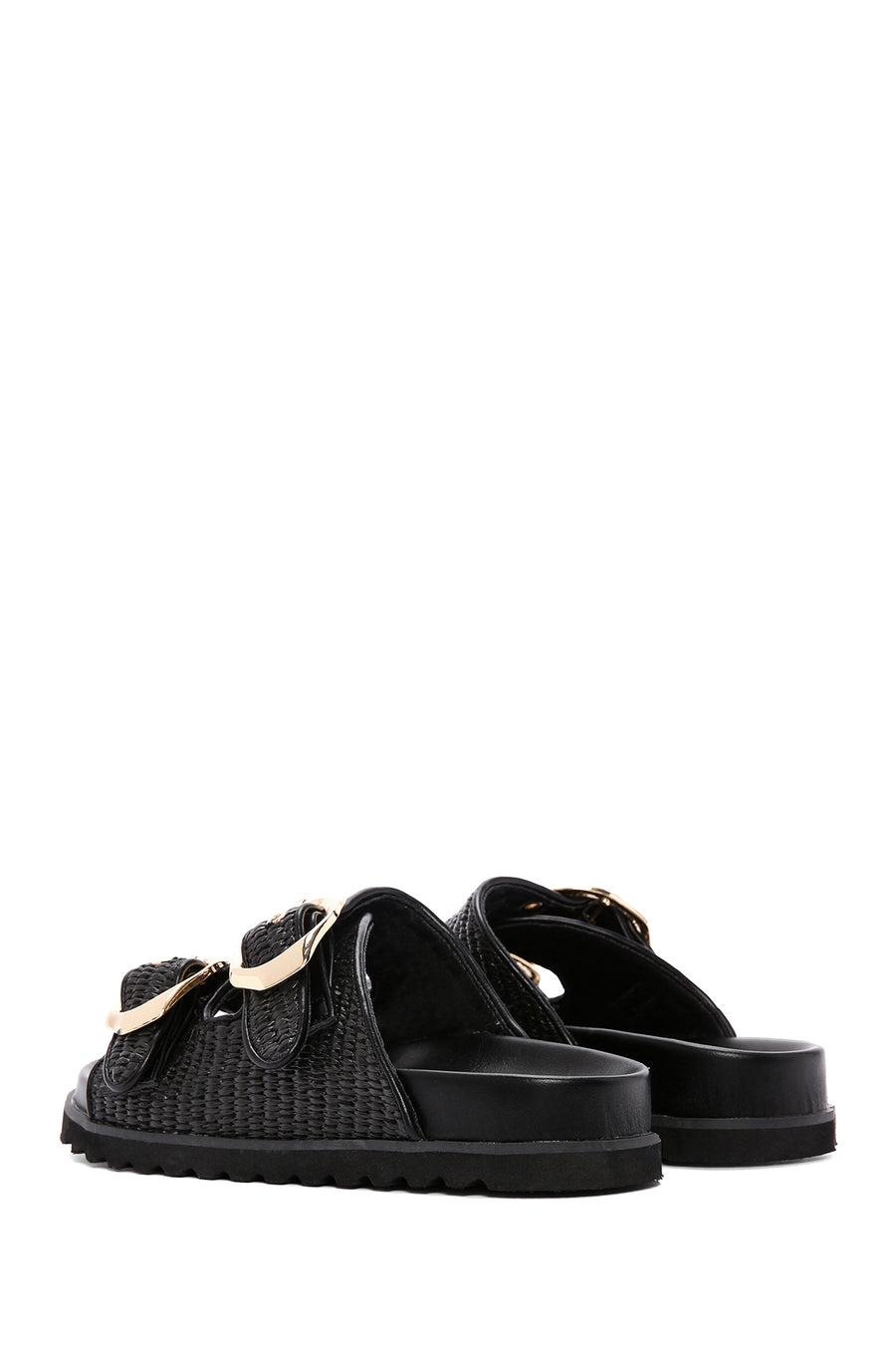 Women's Black Double Buckle Straw Slippers