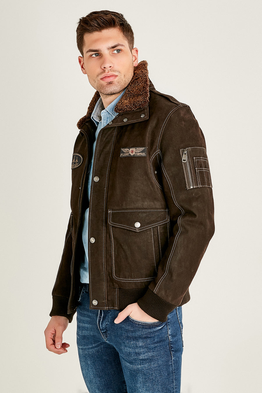 Air Force Men's Brown Fur Collared Nubuck Leather Pilot Jacket