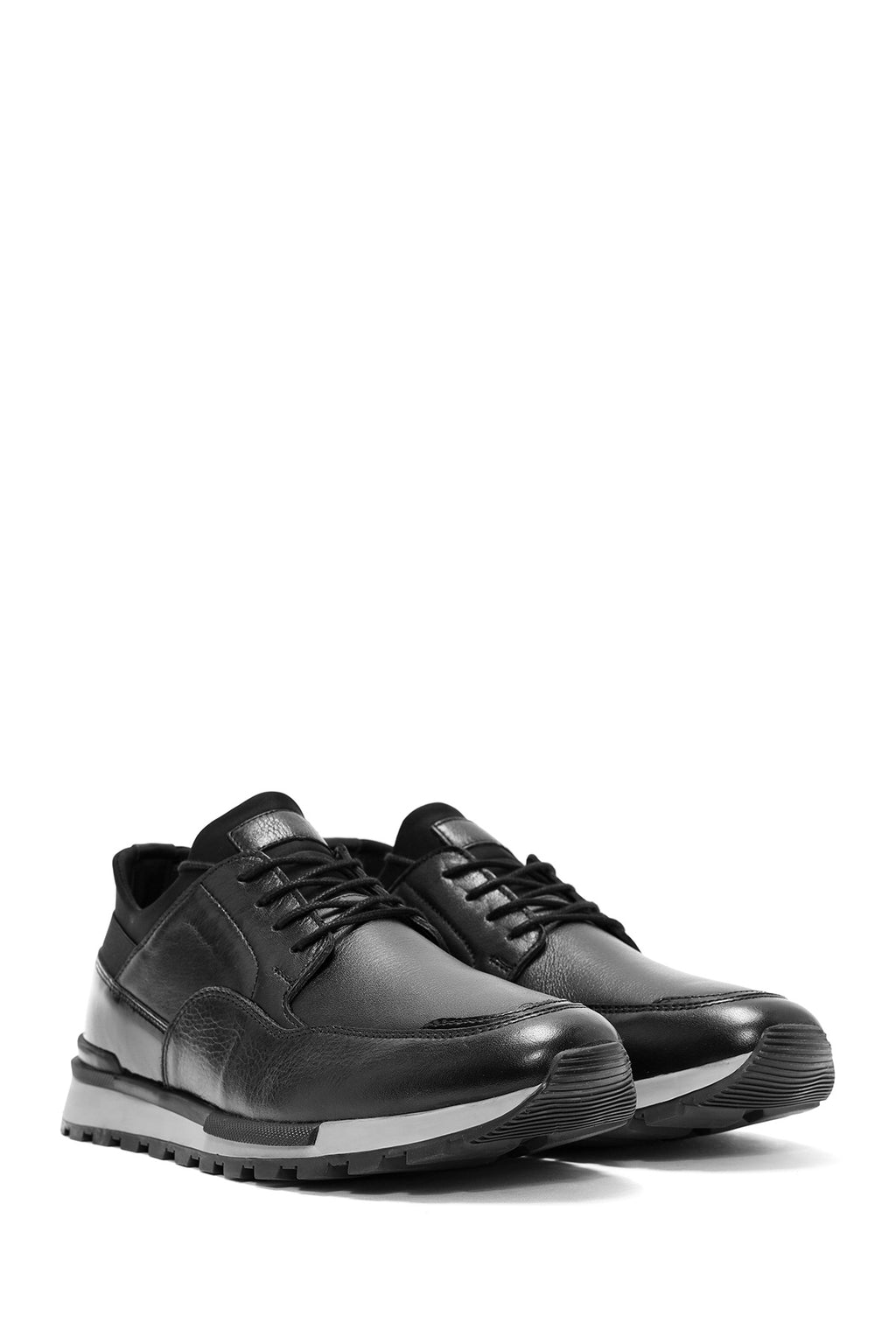 Erkek Siyah Bağcıklı Deri Casual Sneaker