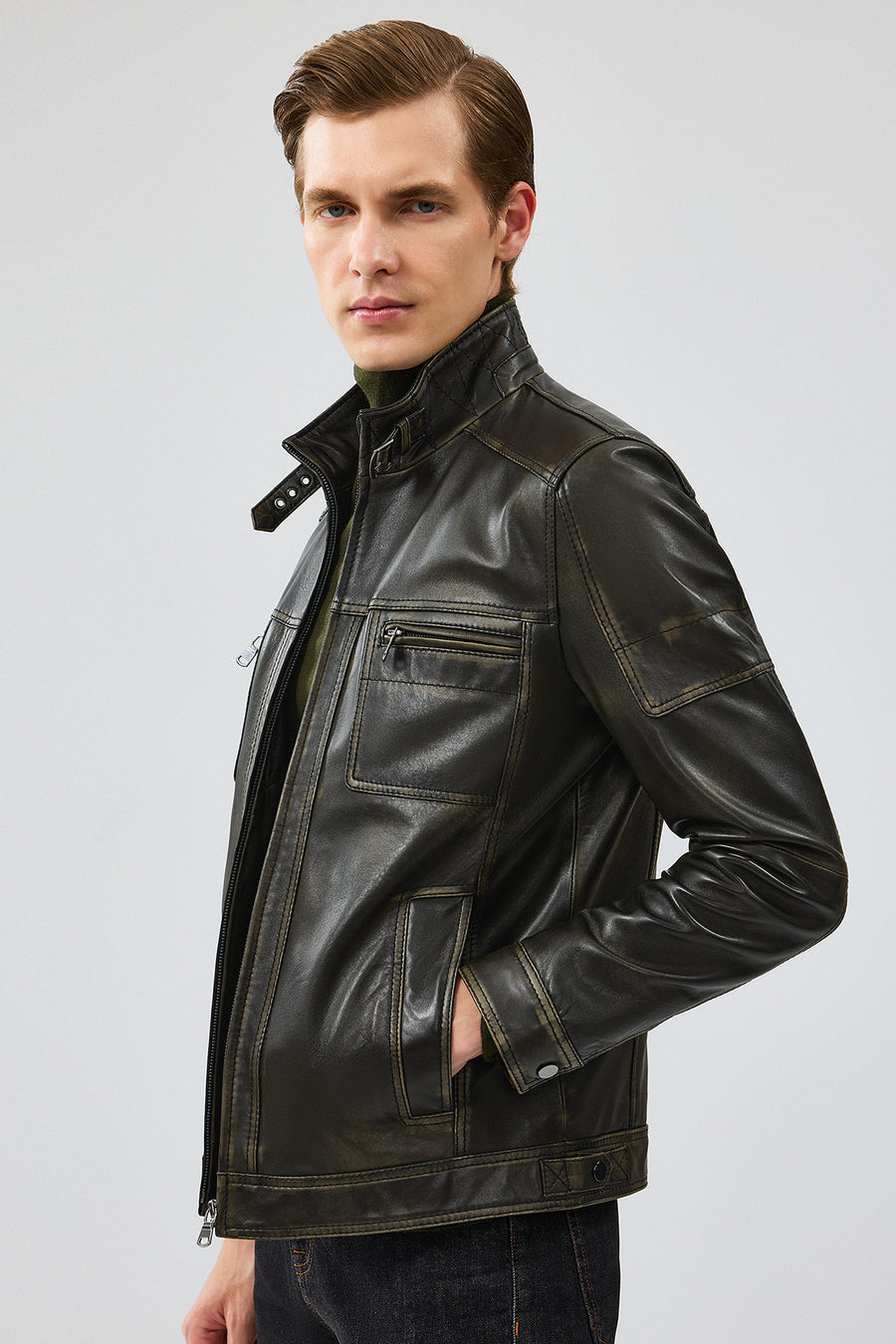 Wade Erkek Yeşil Slim-Fit Deri Mont