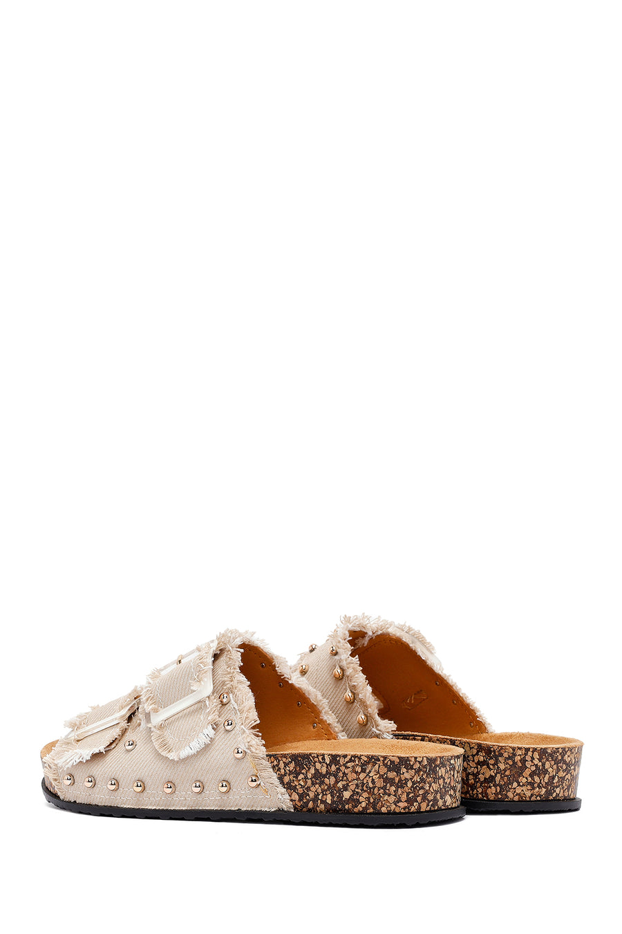Women's Beige Stone Detailed Fabric Slippers