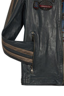 Pitstop Male Navy Sports Leather Jacket with Emblem | Derimod