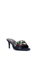 Women's Blue Thin-Heeled Satin Slippers with Rhinestones | Derimod