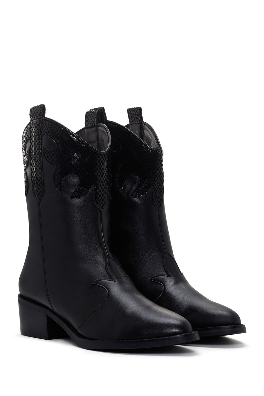 Women's Black Leather Heeled Cowboy Boots