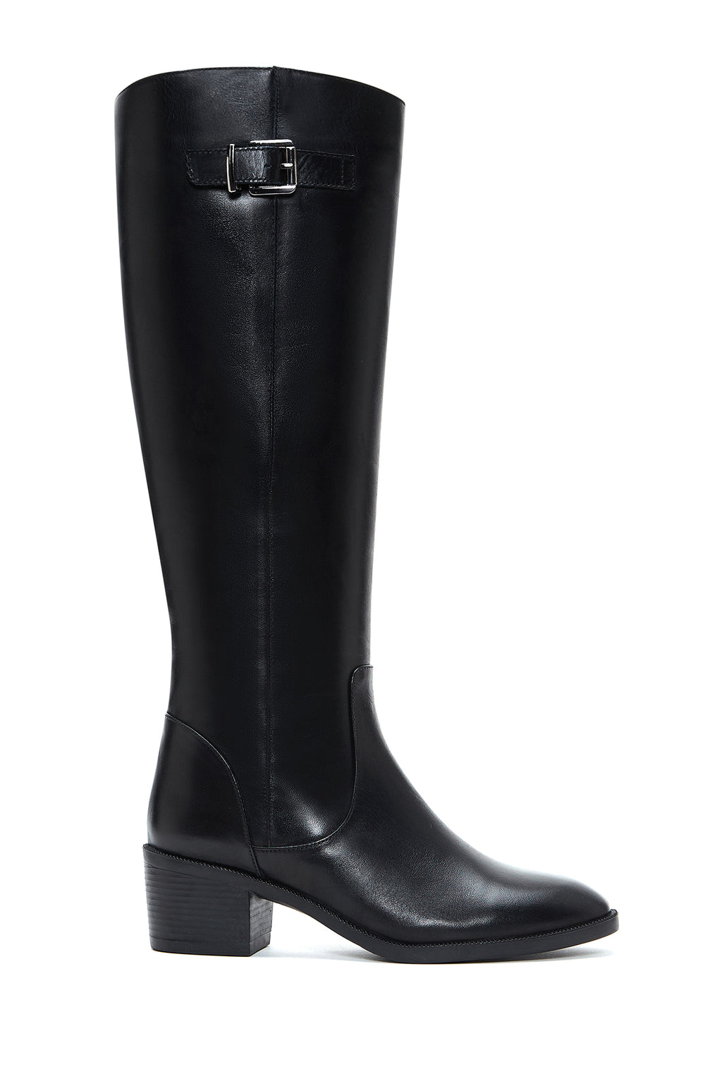 Kadın Siyah Fermuarlı Toka Detaylı Kalın Topuklu Deri Çizme