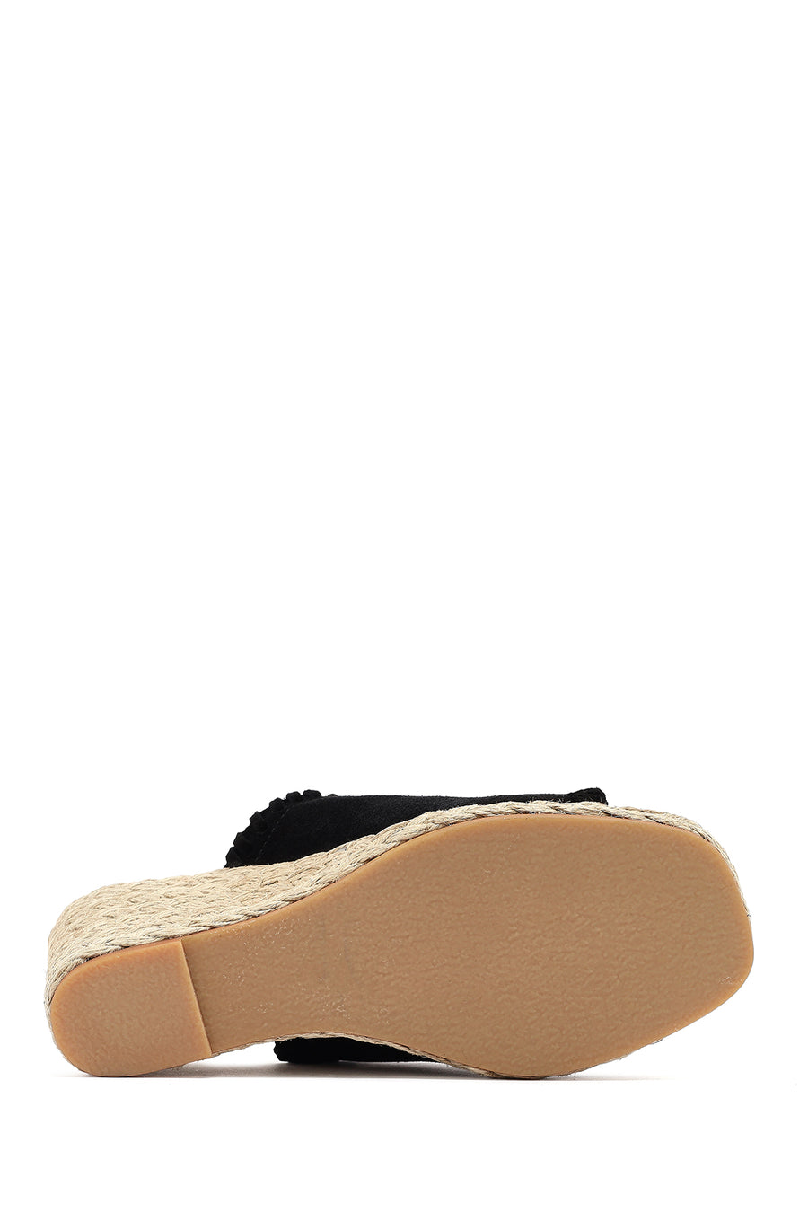 Women's Black Wedge Heeled Suede Leather Espadrille Slippers