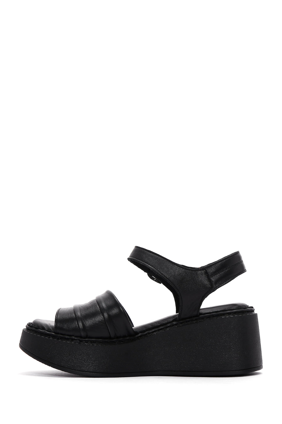 Women's Black Leather Thick Sole Comfort Sandals