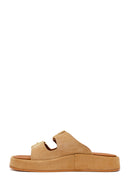Woman Beige Double-Buckle Thick-Soled Suede Slipper | Derimod