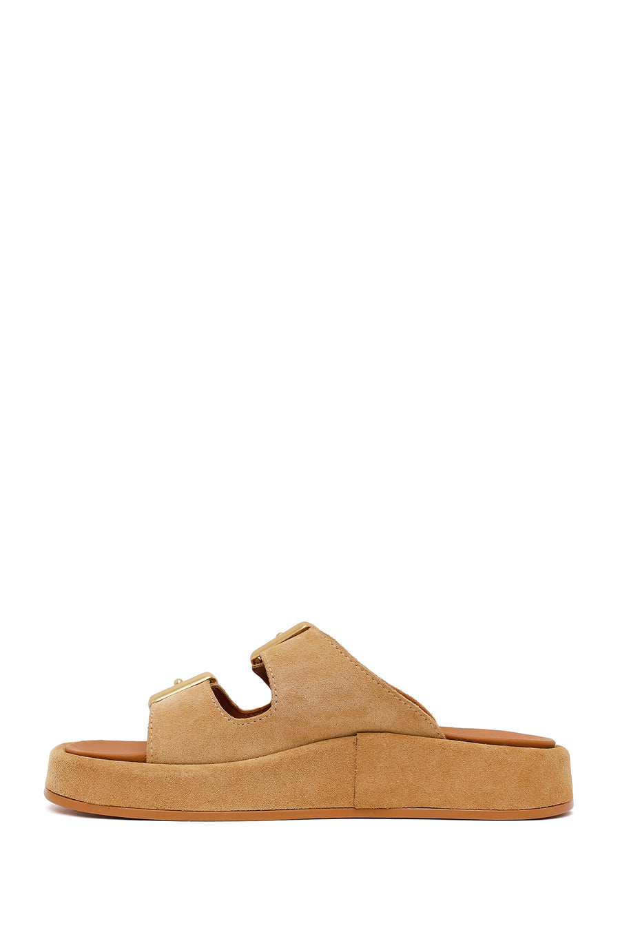 Woman Beige Double-Buckle Thick-Soled Suede Slipper