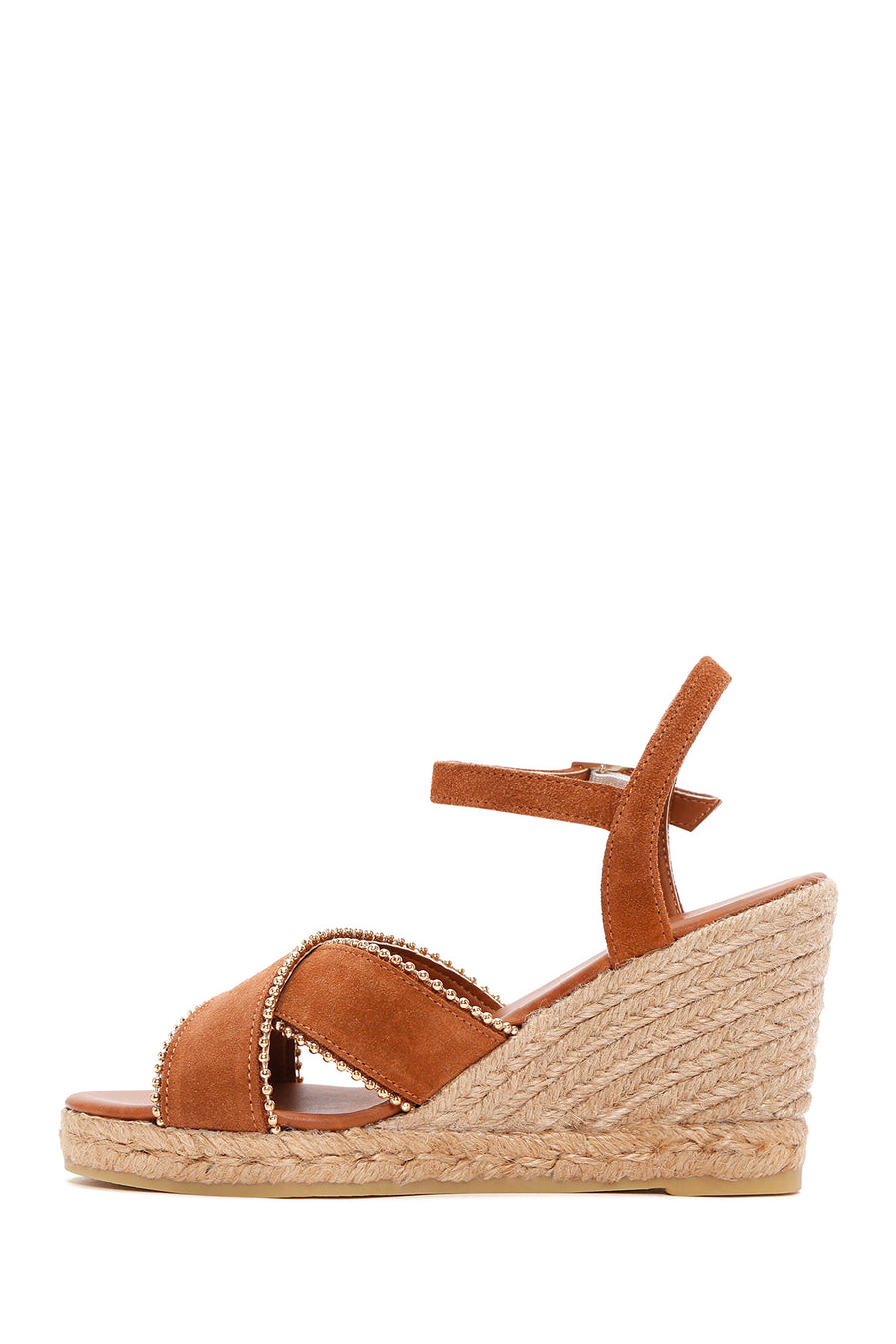 Women's Tan Ankle Strap Wedge Heel Suede Leather Espadrille Sandals