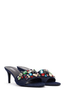 Women's Blue Thin-Heeled Satin Slippers with Rhinestones | Derimod