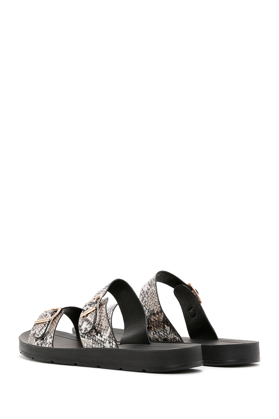 Women's Black Double Buckled Patterned Slippers