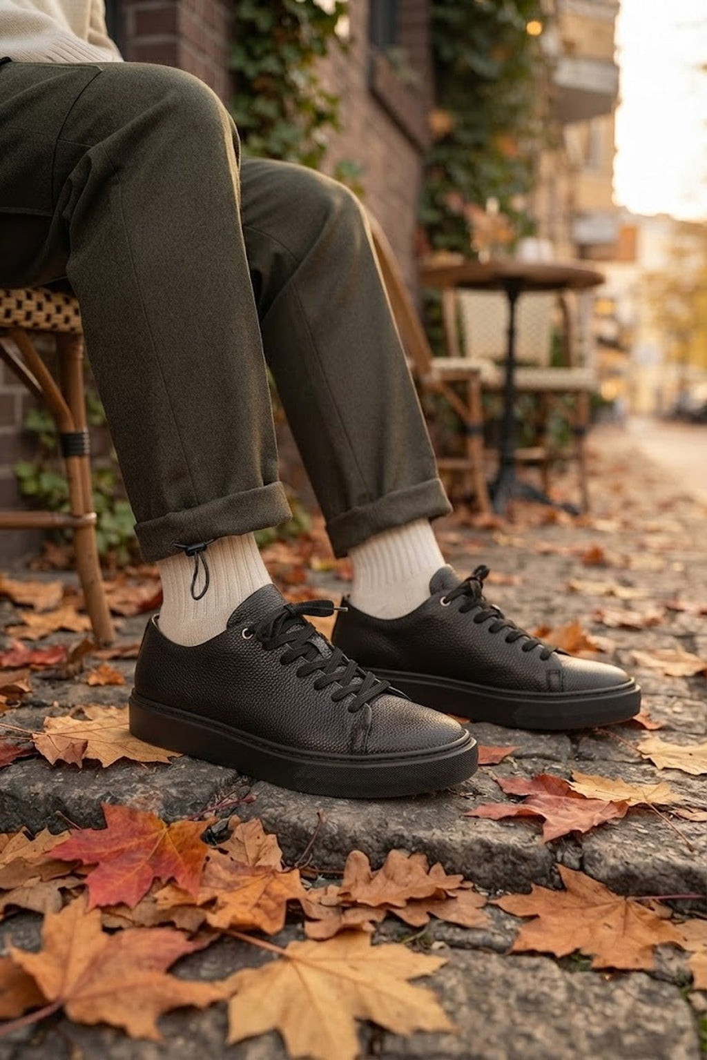 Erkek Siyah Bağcıklı Deri Sneaker