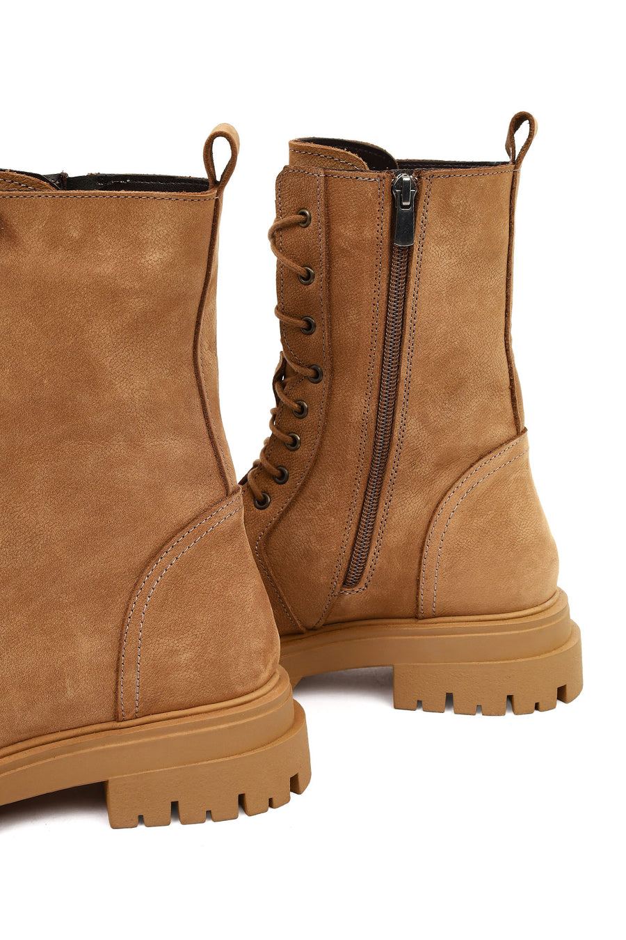 Women's Camel Zippered Thick-Soled Nubuck Leather Ankle Boots