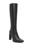 Women's Black Zippered Thin High Heel Leather Boots | Derimod