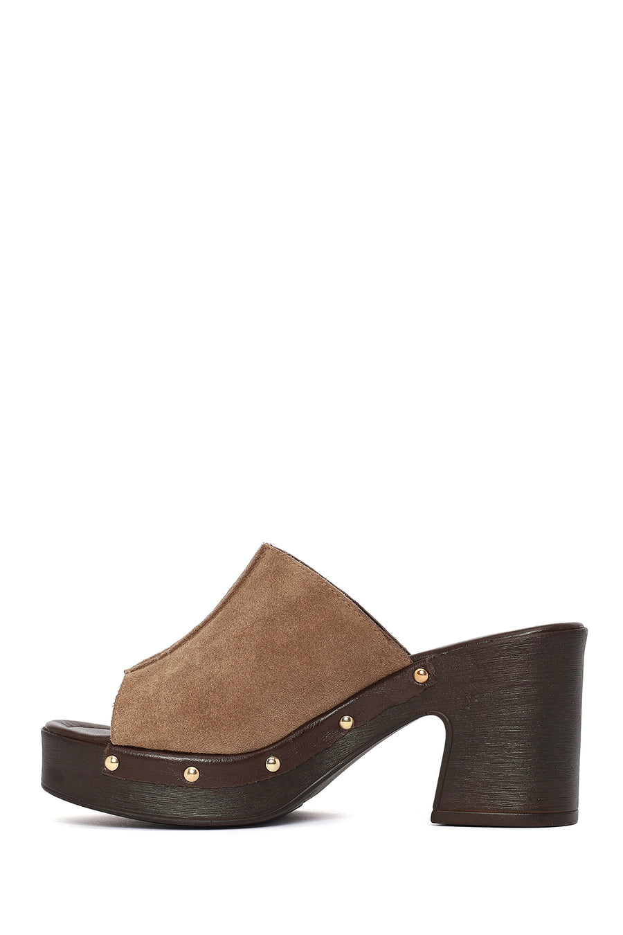 Women's Beige Thick Heeled Suede Leather Slippers