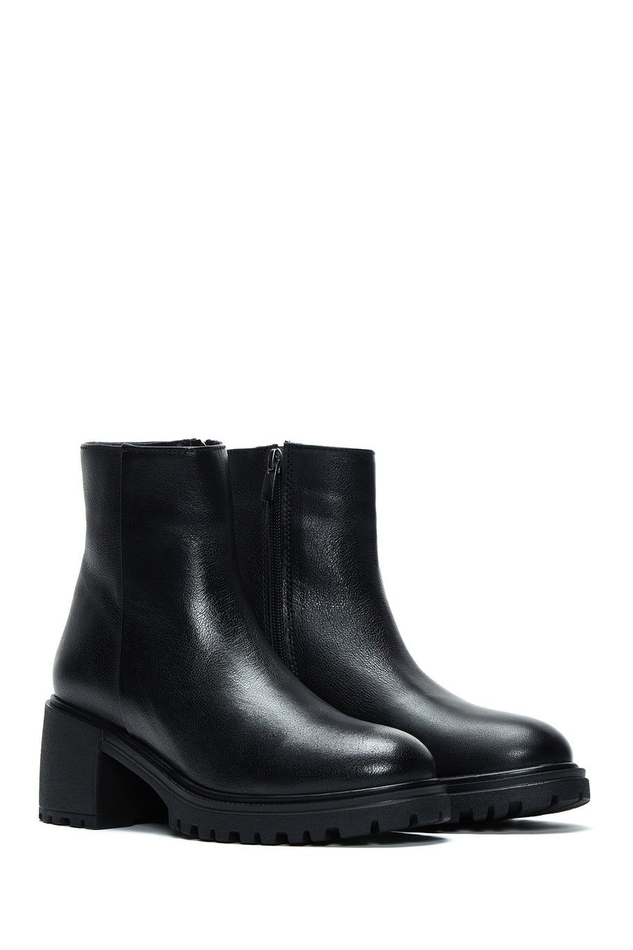 Women's Black Leather Zippered Heeled Boots