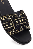 Women's Black Studded Suede Slippers | Derimod