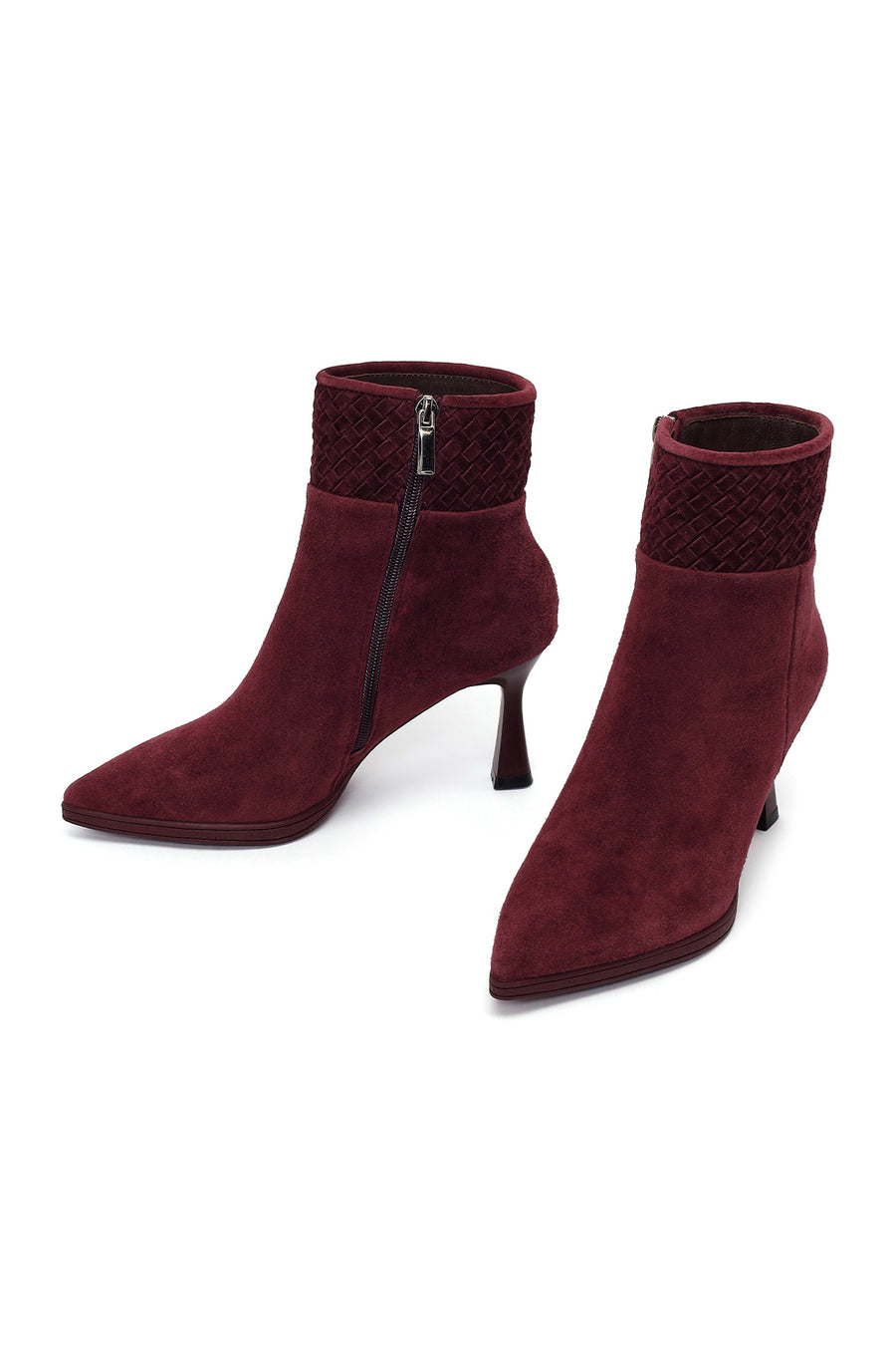 Woman Burgundy Zip Closure Braided Slim-Heeled Suede Boots