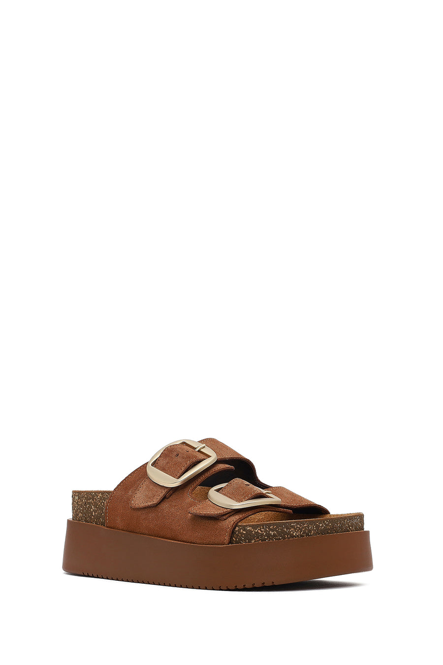 Women's Tan Double Buckle Thick Sole Suede Leather Slippers
