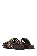 Woman Brown Double Buckle Braided Slippers | Derimod