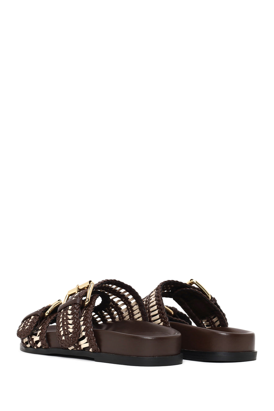 Woman Brown Double Buckle Braided Slippers