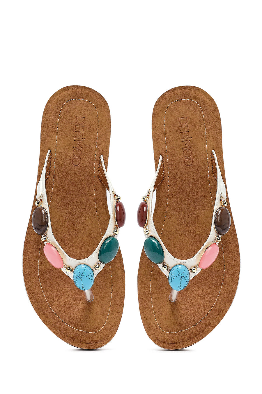 Women's White Flip Flops with Stones