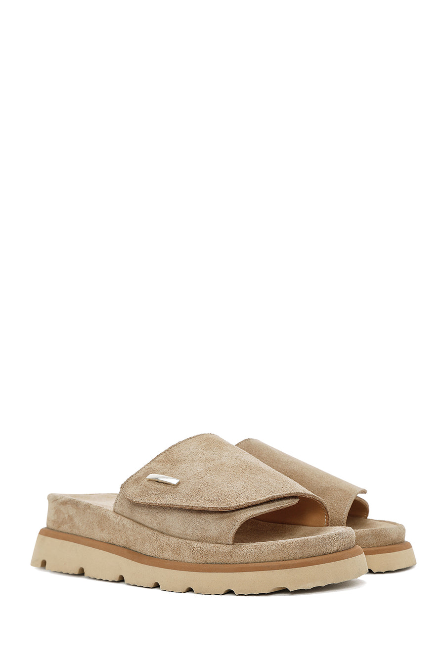 Women's Beige Thick Soled Suede Leather Slippers