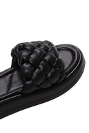 Women's Black Leather Braided Comfort Slippers | Derimod