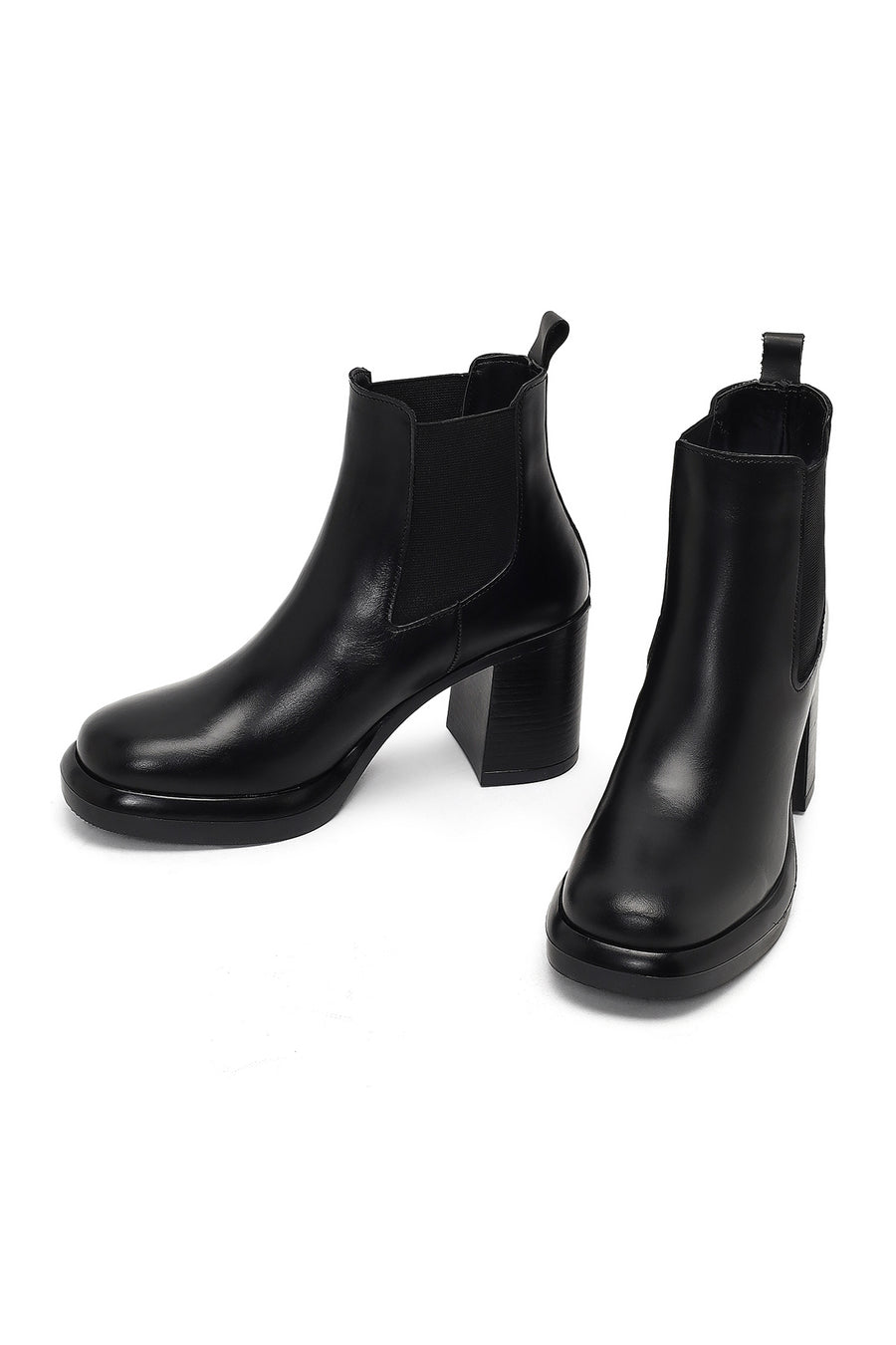 Women's Black Thick Heeled Leather Chelsea Boot
