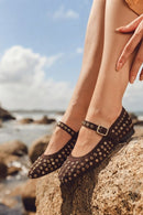Woman Brown Stone-Embellished Leather Ballet Flat | Derimod