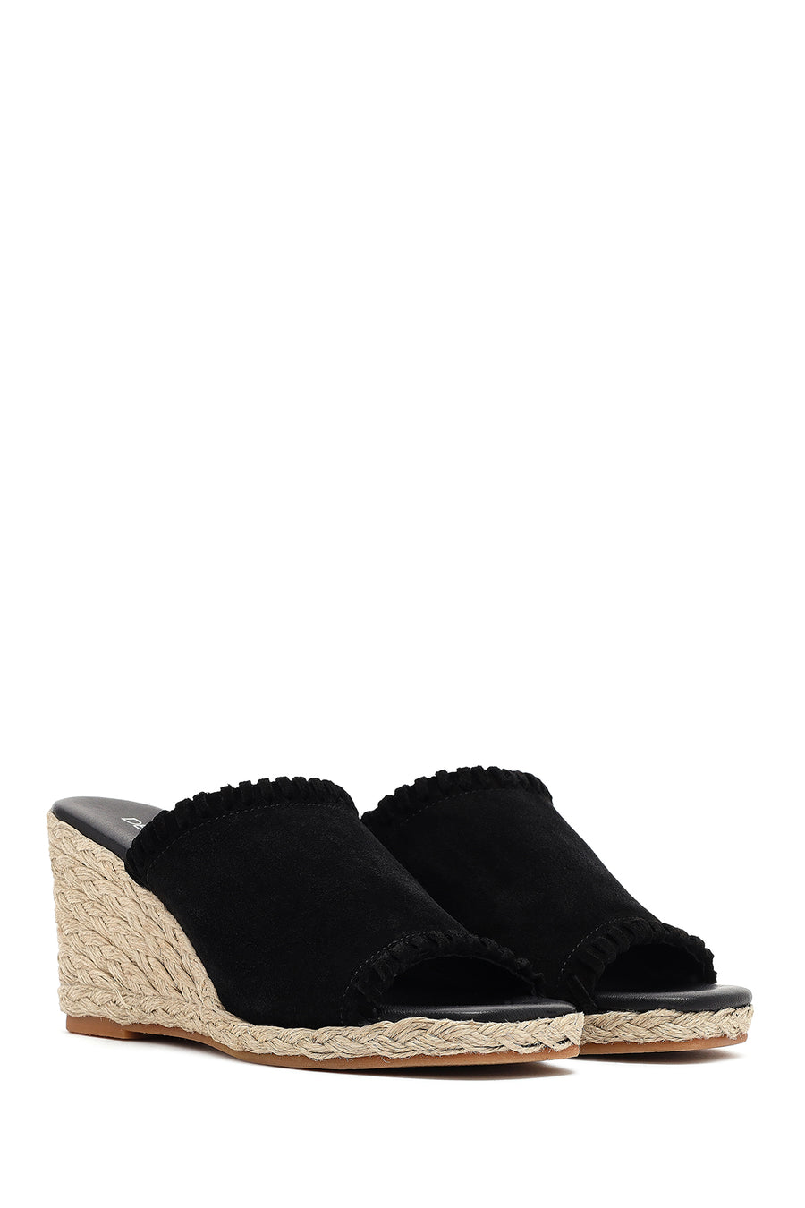 Women's Black Wedge Heeled Suede Leather Espadrille Slippers