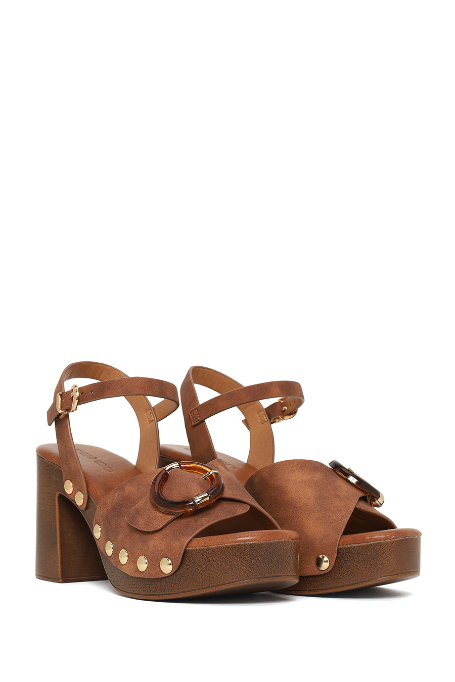 Woman Brown Ankle-Buckle Platform Chunky High-Heel Suede Sandals