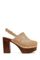 Woman Beige Ankle-Buckle Platform High Chunky High-Heel Suede Sandal | Derimod