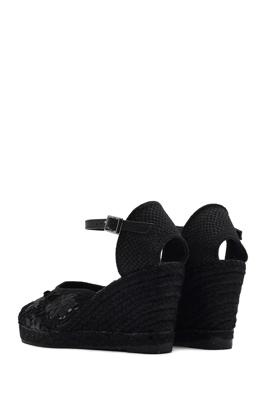 Women's Black Ankle Strap Patterned Wedge Heel Espadrilles