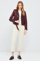 London Women's Burgundy Biker Leather Jacket | Derimod