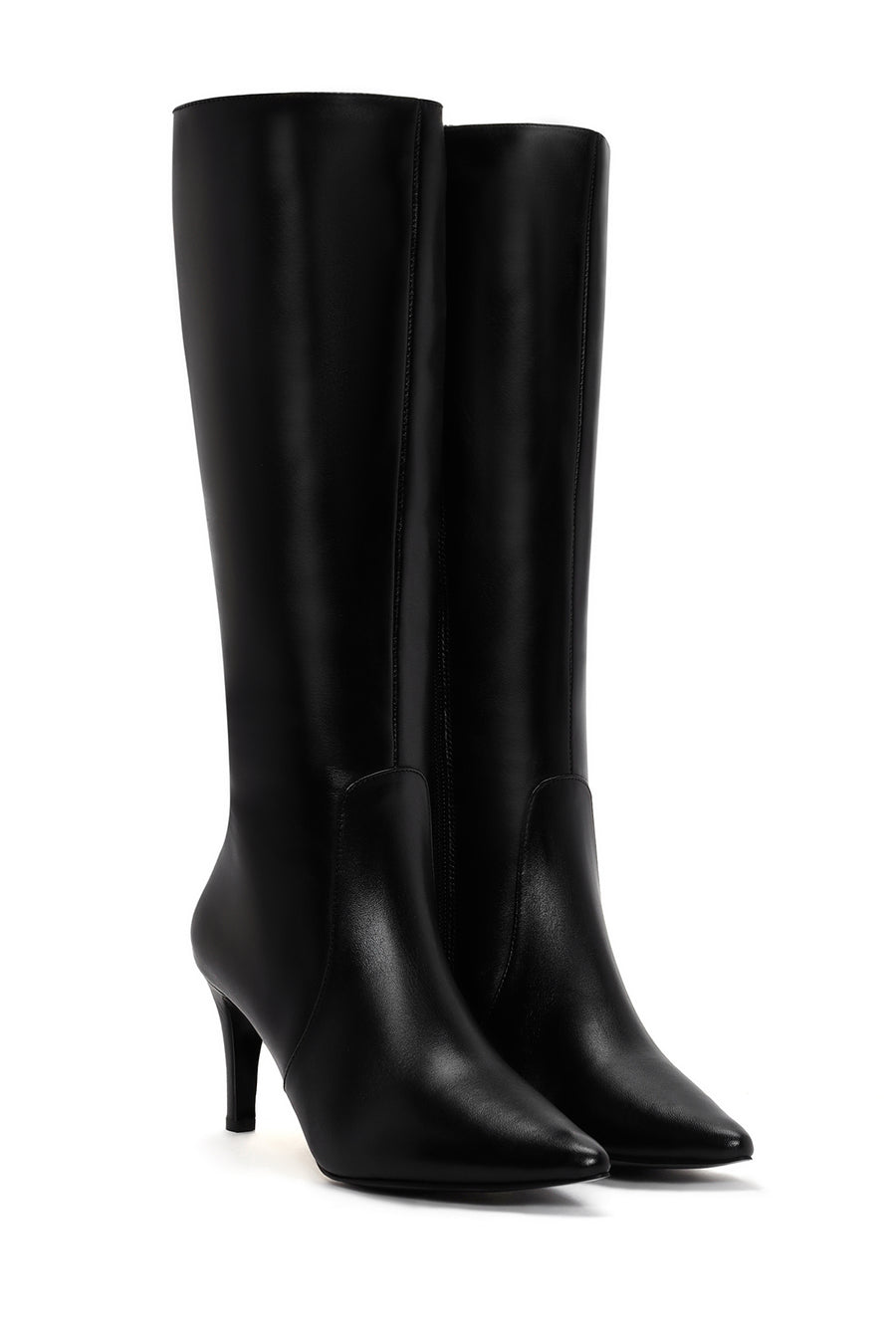 Women's Black Zippered Thin Heeled Leather Boots